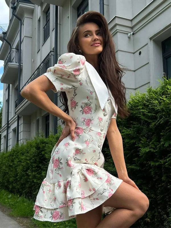 Gisella Floral Collared Puff-Sleeve Pearl-Button Ruffle Mini Dress
