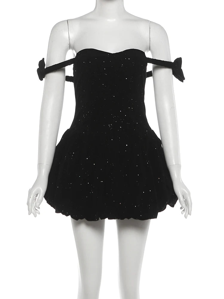Amarisa Glitter Off-Shoulder Bow Corset Bubble-Hem Mini Dress