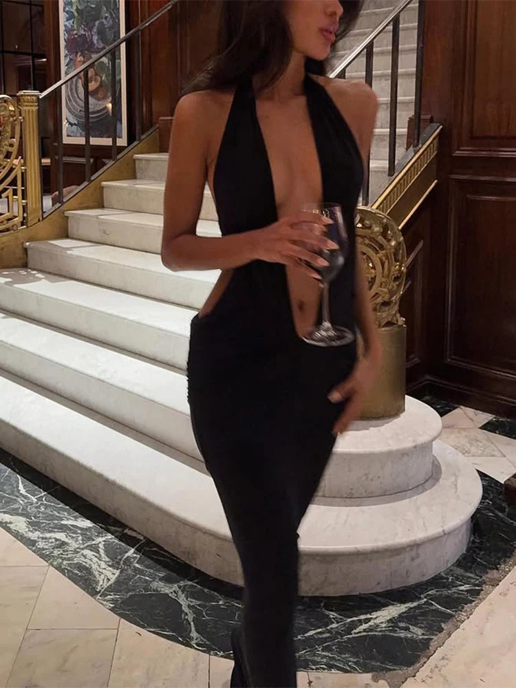 Viviana Deep-V Halter Backless Maxi Dress