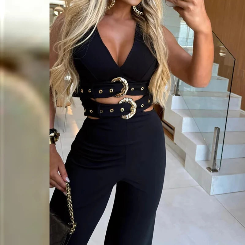 Camilla Cutout Buckle-Belt V-Neck Sleeveless Top & Wide-Leg Pants Two-piece