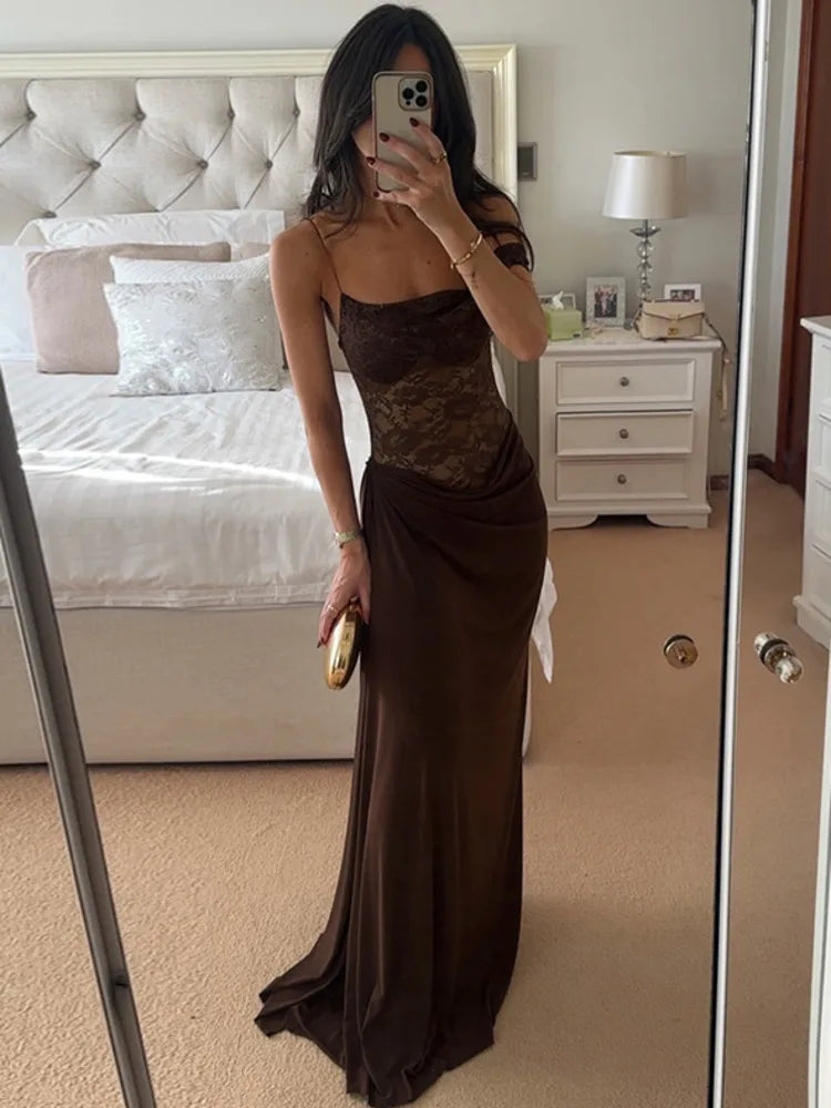 Valentina Cocoa Lace Draped Maxi Dress