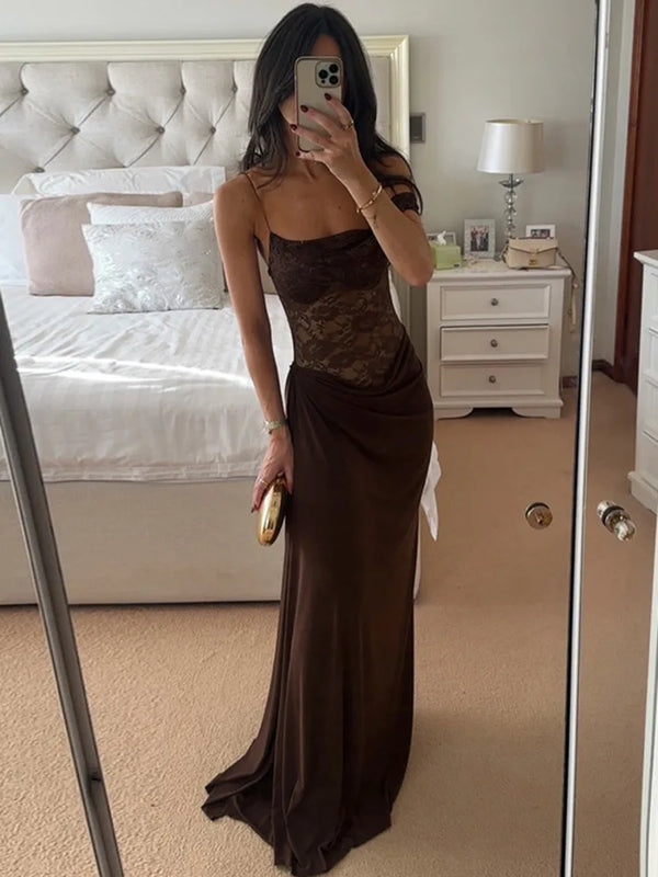 Valentina Cocoa Lace Draped Maxi Dress