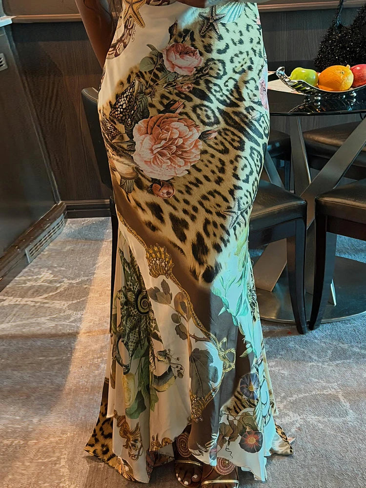 Kliou Colorful Print Sling Dress Woman Summer Trend Low-Neck Backless Sleeveless Robe Hot Girls Street Sexy Fashion Long Bodycon