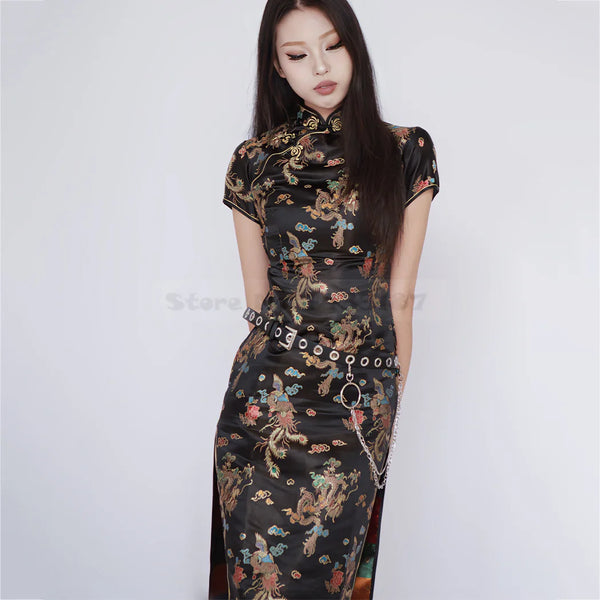 Feng Dragon-and-Phoenix Satin Qipao Maxi Dress