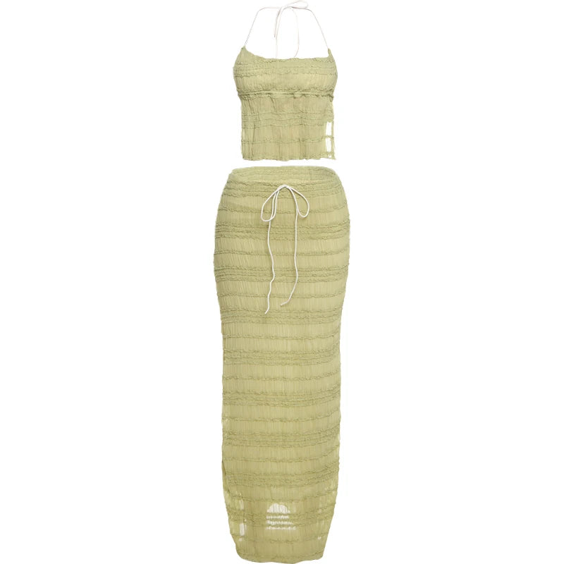 Oksana Sheer Crinkle Mesh Halter Lace-Up Crop Top & Maxi Skirt Two-piece