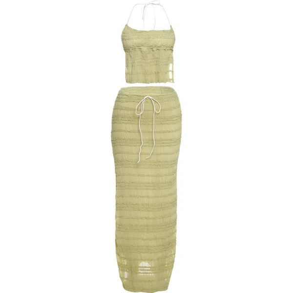 Oksana Sheer Crinkle Mesh Halter Lace-Up Crop Top & Maxi Skirt Two-piece