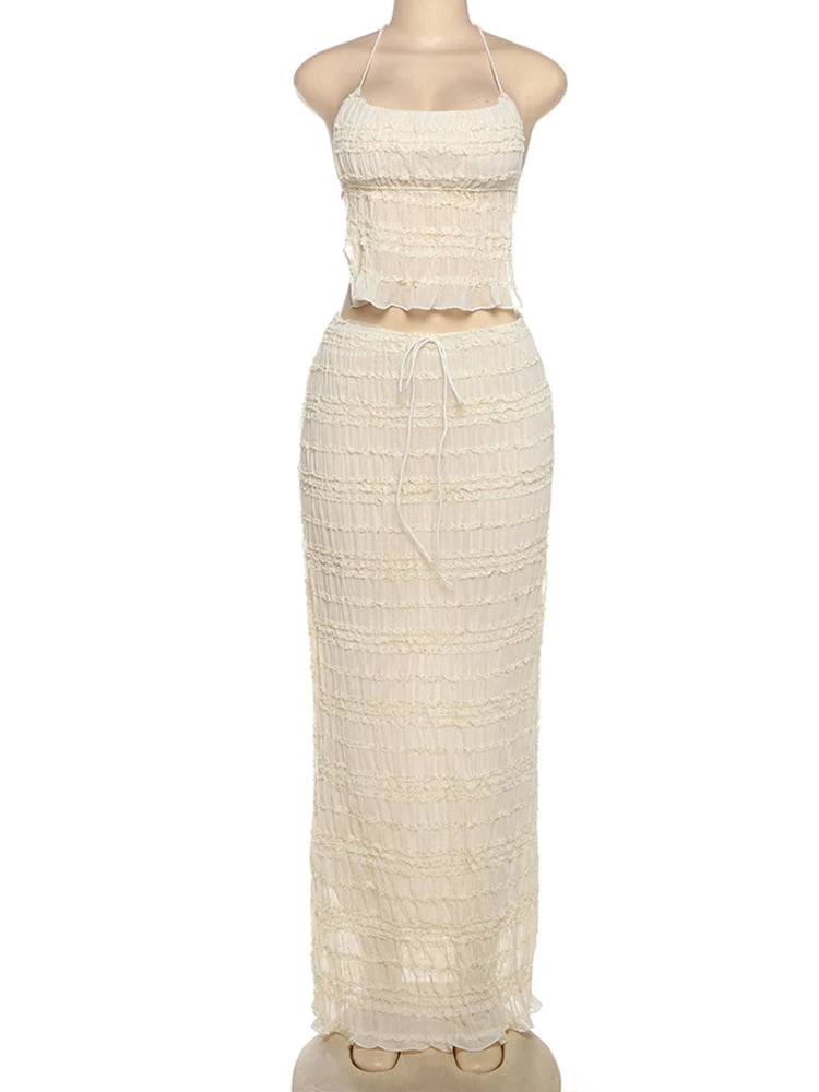 Oksana Sheer Crinkle Mesh Halter Lace-Up Crop Top & Maxi Skirt Two-piece