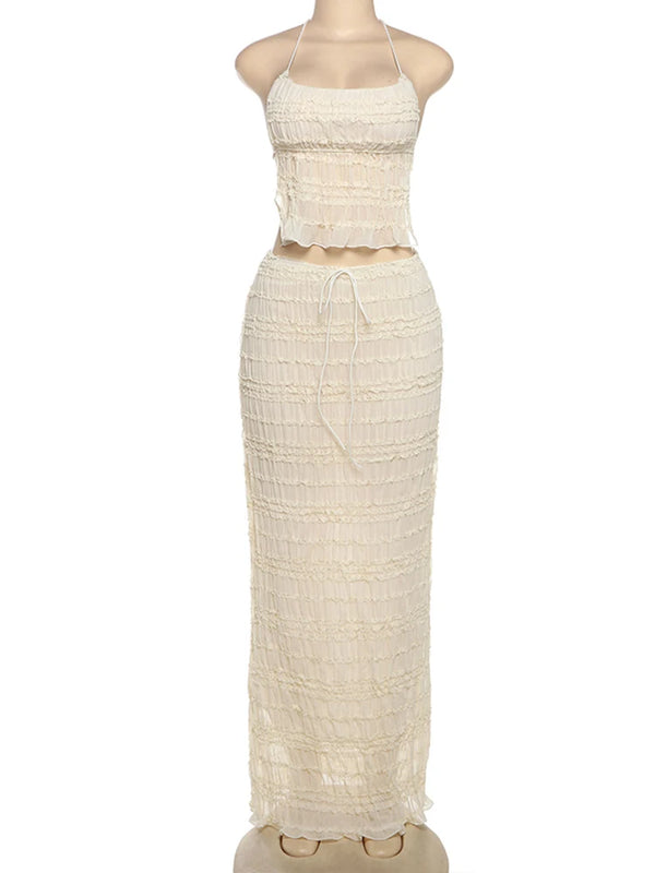 Oksana Sheer Crinkle Mesh Halter Lace-Up Crop Top & Maxi Skirt Two-piece