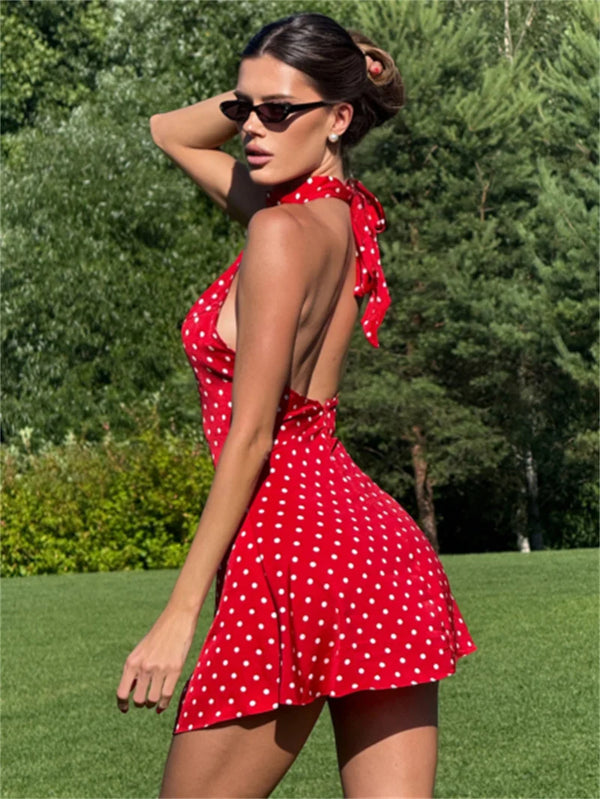 Hyacinthe Polka-Dot Tie-Halter Backless A-Line Mini Dress