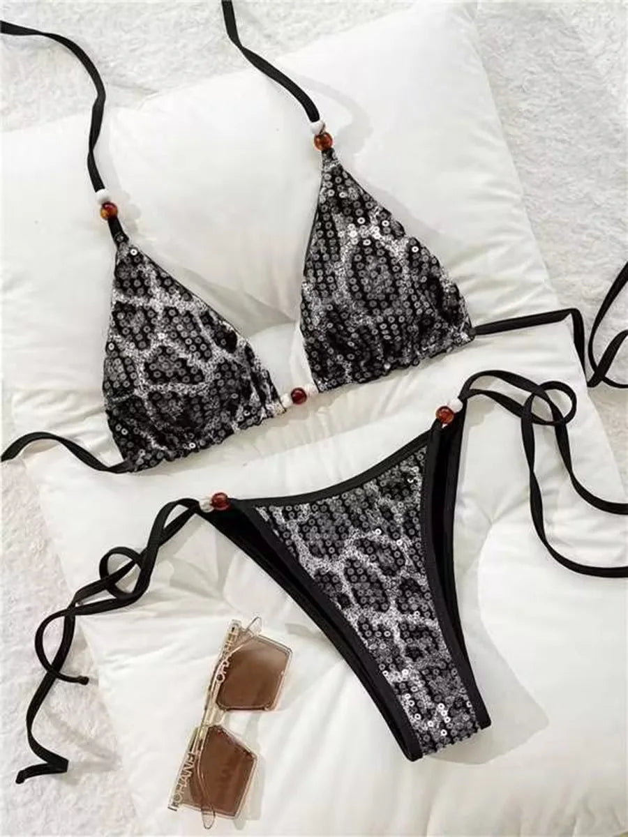 Rhea Sequin Leopard Halter Bikini Two-piece