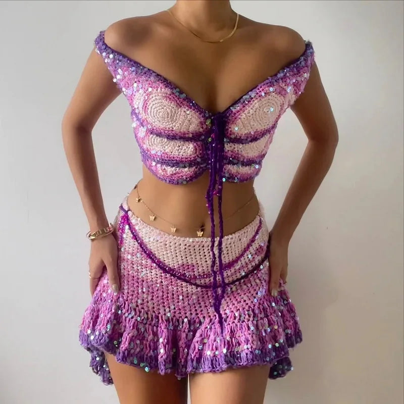 Gwendolyn Butterfly Crochet Sequin Halter Crop Top One-piece Secondary image