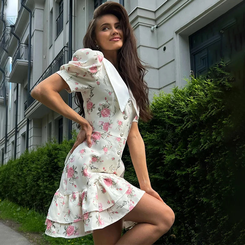 Tornova Print Puff Sleeves Ruffled Dress Women's V-Neck High Waist Pearl Buttons Mini Dress Female Casual Vacation Fashion Dress Secondary image