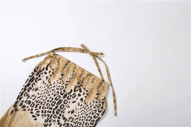 Savanna Leopard Lace-Up Halter Maxi Dress