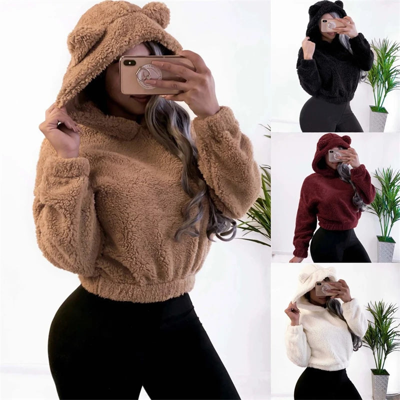 Winter Korean Fashion Bear Ears Cute Loose Hoodie Fluffy Hooded Warm Sweatshirt Long Sleeve Top Solid Pullover Clothes For Women Main image