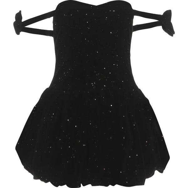 Amarisa Glitter Off-Shoulder Bow Corset Bubble-Hem Mini Dress