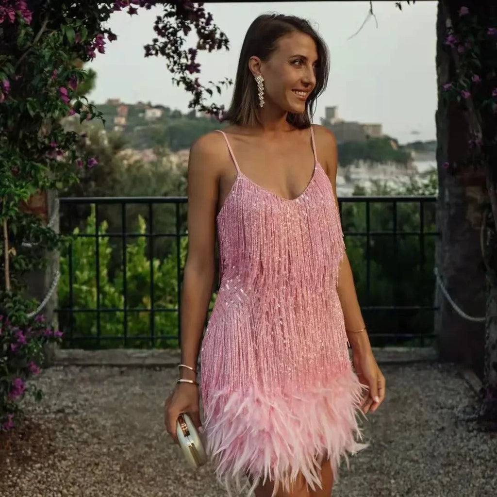 Ottoline Shimmer Fringe Feather-Hem Cami Bodycon Mini Dress