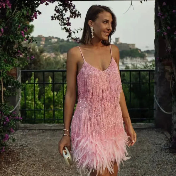 Ottoline Shimmer Fringe Feather-Hem Cami Bodycon Mini Dress