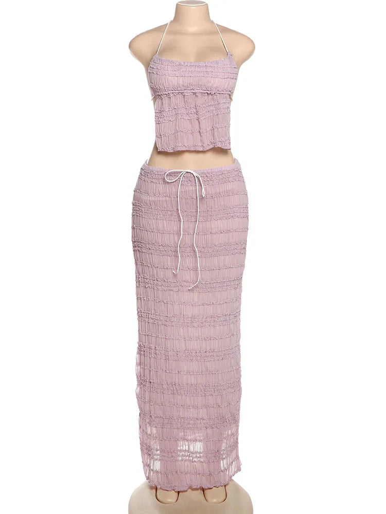 Oksana Sheer Crinkle Mesh Halter Lace-Up Crop Top & Maxi Skirt Two-piece
