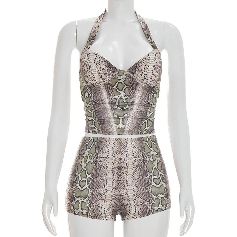 Zaria Snake-Print Halter Shorts Set Two-piece