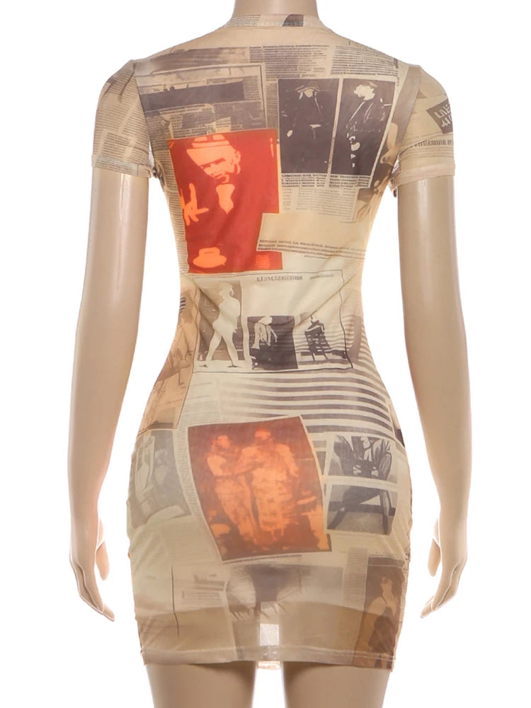 Kliou Newspaper Print Mini Dress Woman Summer Trend o-Neck Short Sleeve Skinny Peach Hip Hot Girls Street Fashion Style Bodycon