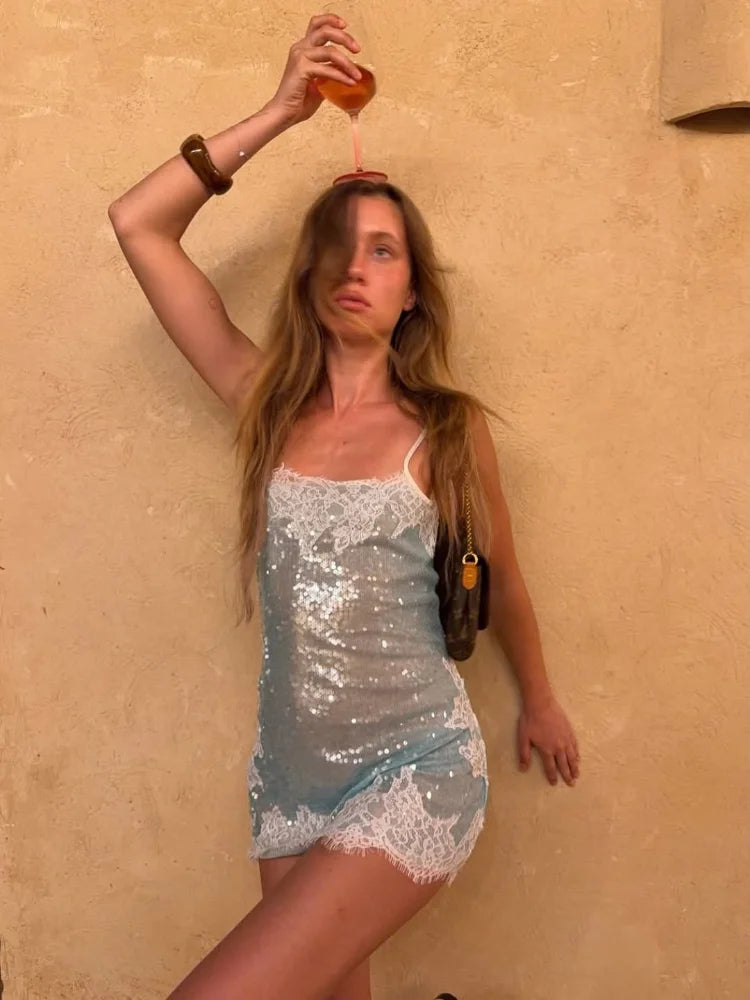 Rosette Sequin Lace-Trim Mini Dress