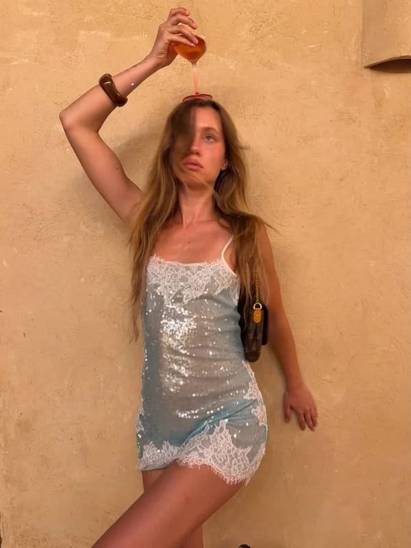 Rosette Sequin Lace-Trim Mini Dress