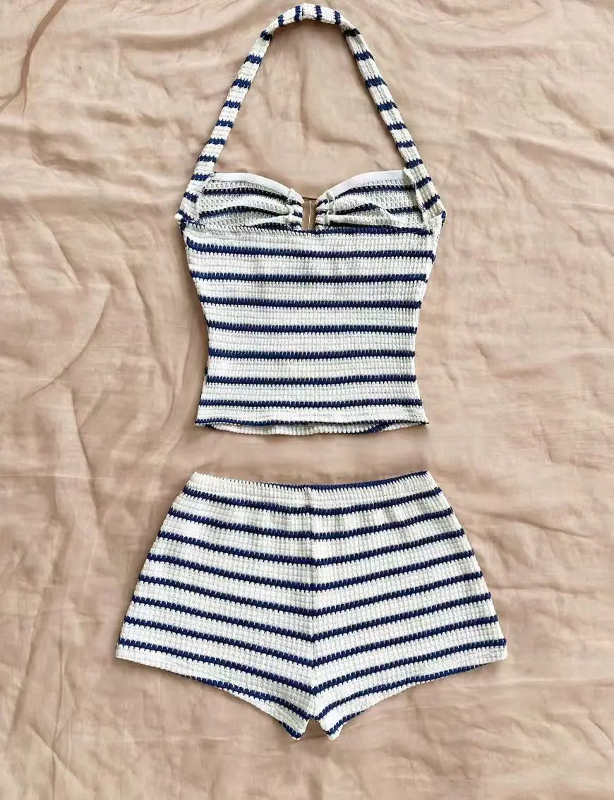 Marlowe Striped Halter Hollow-Out Knit Mini Dress Secondary image