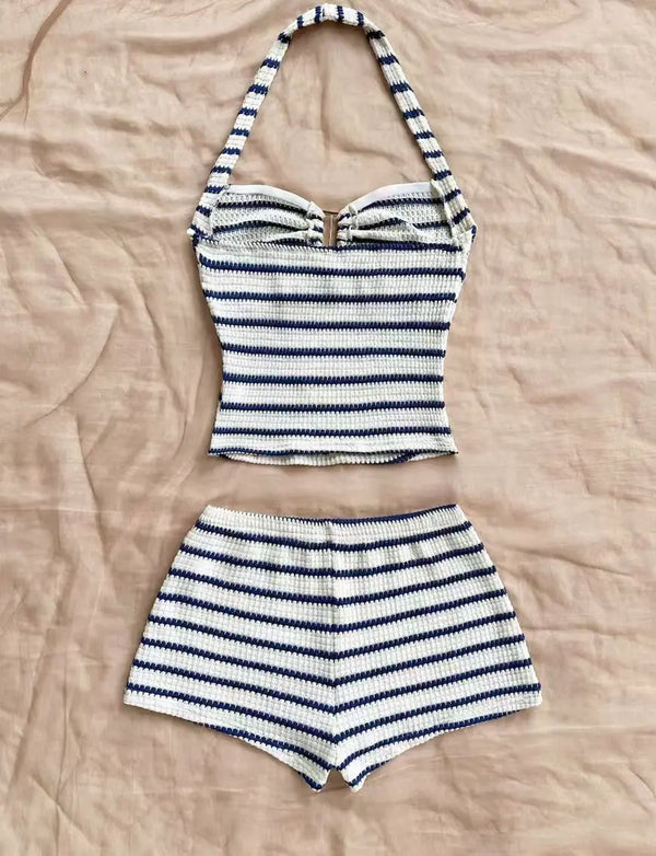 Marlowe Striped Halter Hollow-Out Knit Mini Dress
