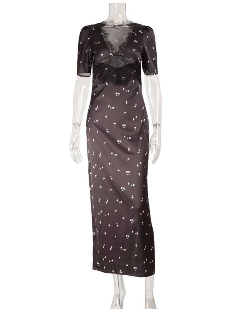 Peregrina Lace-Trim Petal Print Puff-Sleeve Satin Maxi Dress