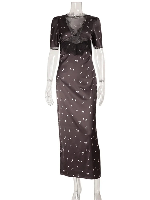 Peregrina Lace-Trim Petal Print Puff-Sleeve Satin Maxi Dress