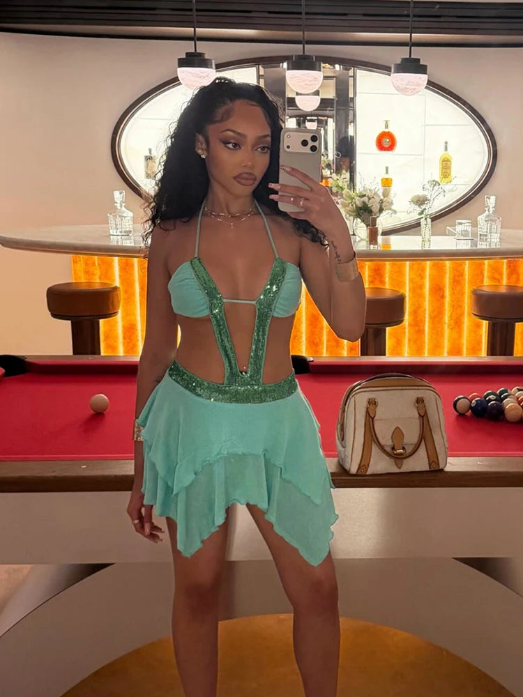 Estelle Sequin Halter Asymmetric Mini Dress