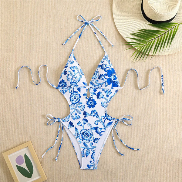 Ingrith Vintage Floral String Halter Cutout Backless One-Piece Swimsuit
