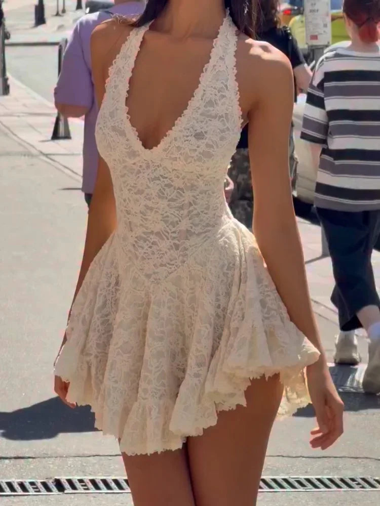 Florentyna Lace Halter V-Neck Backless Flared Mini Dress Main image