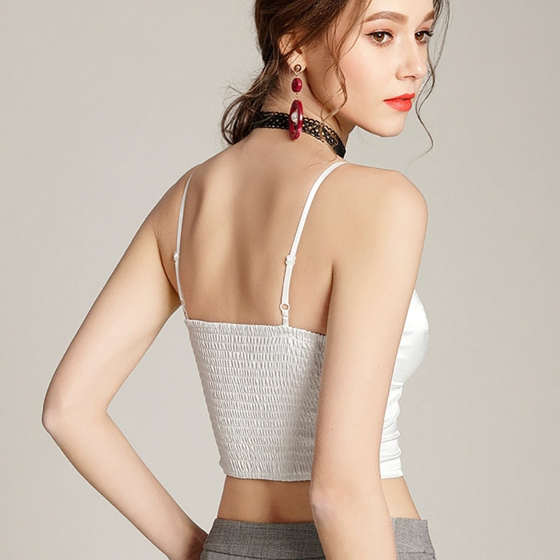 Silk Cami Tank Tops Women'S Camisole Spaghetti Strap Women V Neck White Black Sleeveless Streetwear High Street With Chest Pad