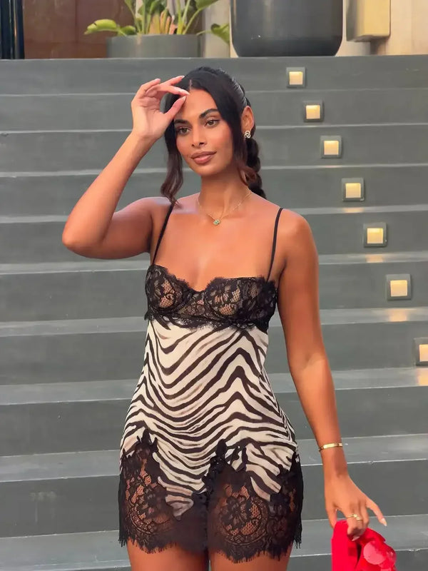Sexy Zebra Print Lace Trim Dress Women Chic V-neck Spaghetti Strap Irregular Hem Slip Slim Short Dresses 2026 Lady Party Wear