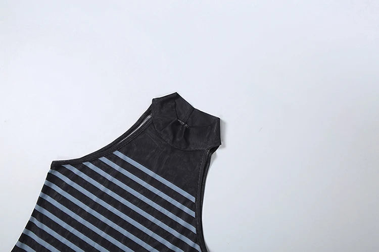 Kliou Stripe Patchwork Mini Dress Woman Sexy See Through Turtleneck Sleeveless Skinny Peach Hip Street Sexy Fashion Bodycon