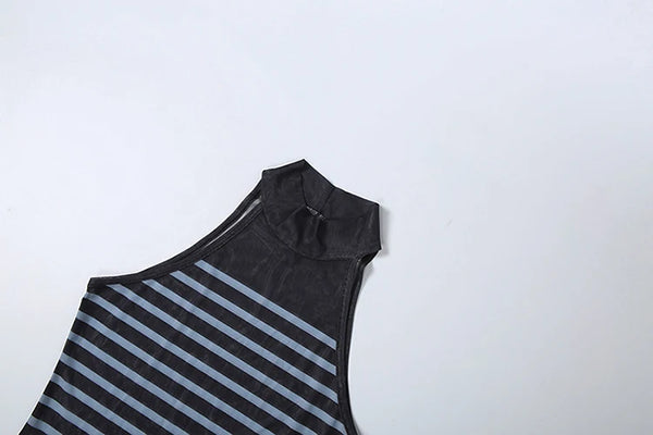 Kliou Stripe Patchwork Mini Dress Woman Sexy See Through Turtleneck Sleeveless Skinny Peach Hip Street Sexy Fashion Bodycon