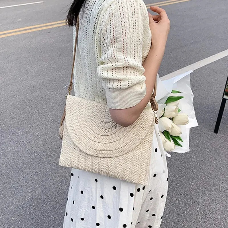 Soleil Woven Straw Envelope Crossbody Bag