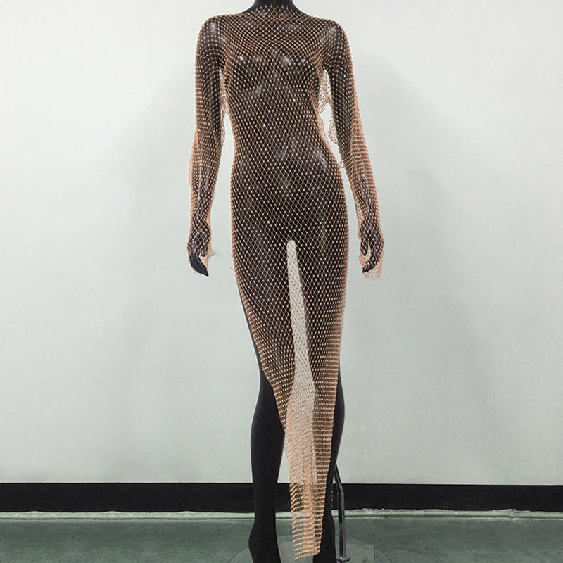 Celestine Rhinestone Fishnet Long-Sleeve Beach Cover-Up One-piece
