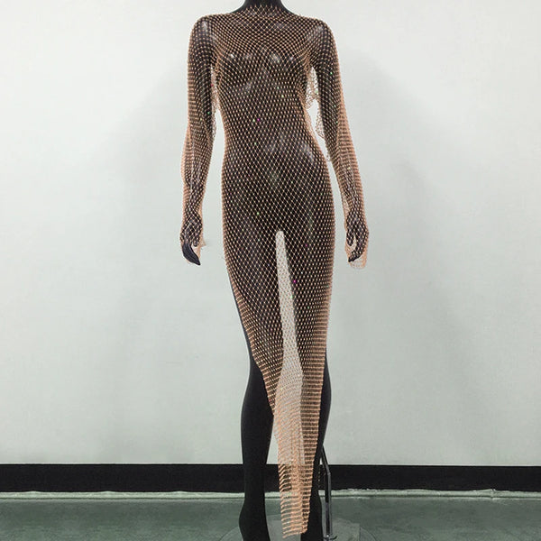Celestine Rhinestone Fishnet Long-Sleeve Beach Cover-Up One-piece