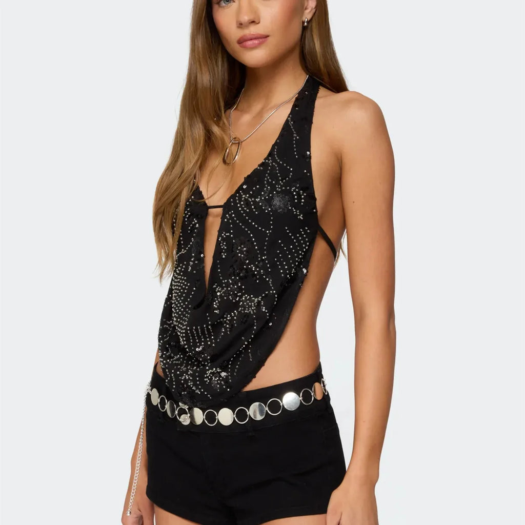 hirigin Women Beaded Tank Top Sequin Cami Top Rhinestone Sparkle Halter Sleeveless V Neck Camisole Sexy Crop Top Party Clubwear