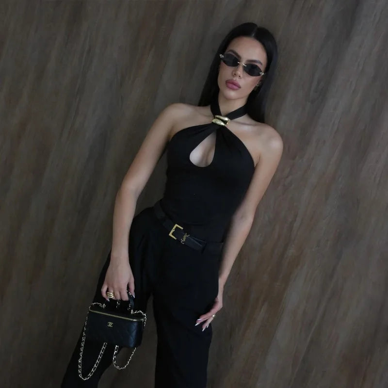 Liora Black Gold Buckle Cutout Halter One-piece
