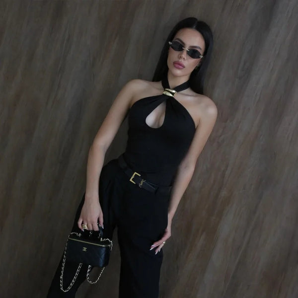 Liora Black Gold Buckle Cutout Halter One-piece