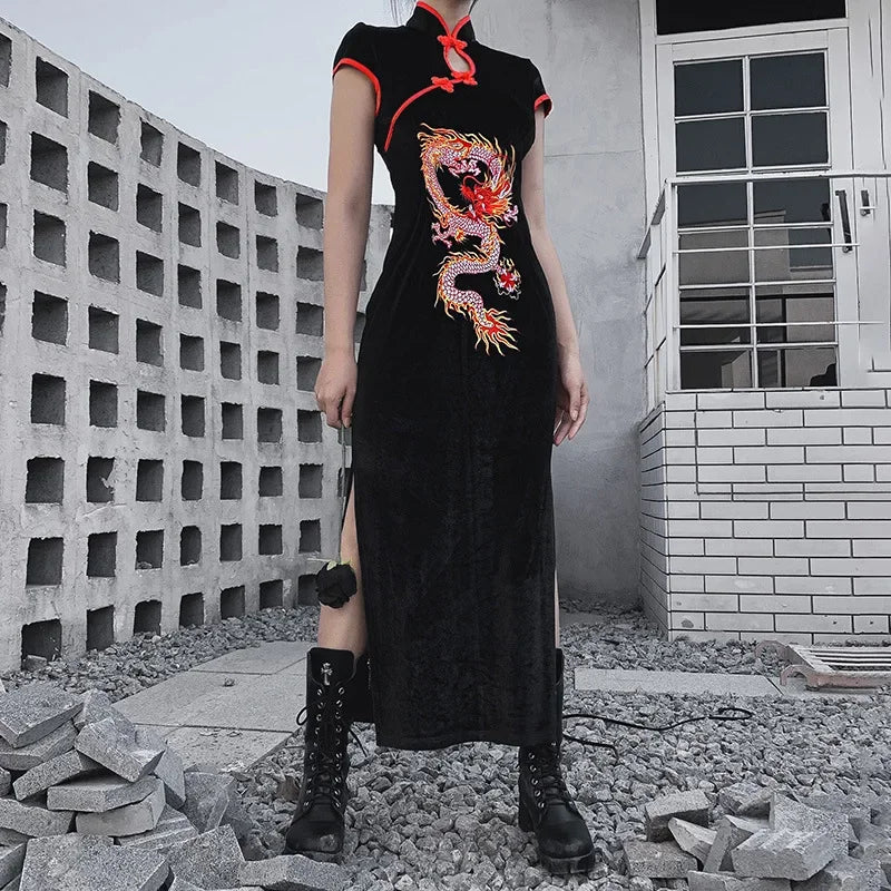 Ravenna Gothic Dragon Embroidered Qipao Maxi Dress