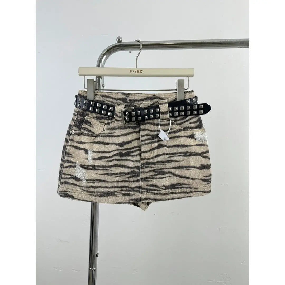 Henrike Zebra Print Distressed Denim A-Line Mini Skirt One-piece