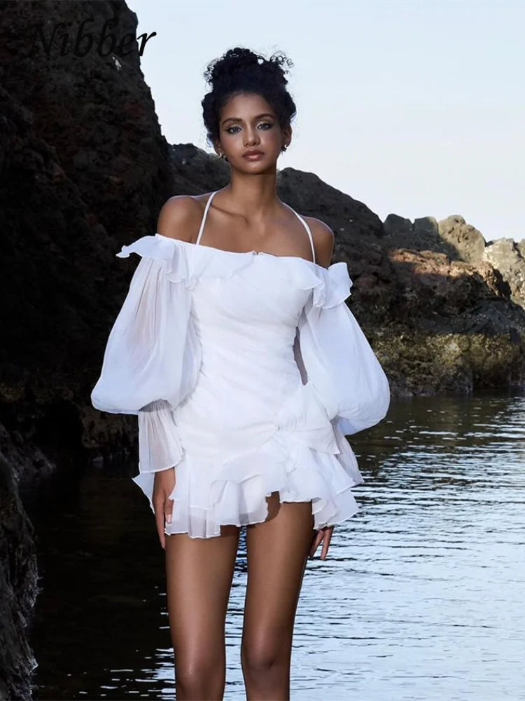 Aurelia White Lace-Up Ruffle Flare-Sleeve Mini Dress Main image