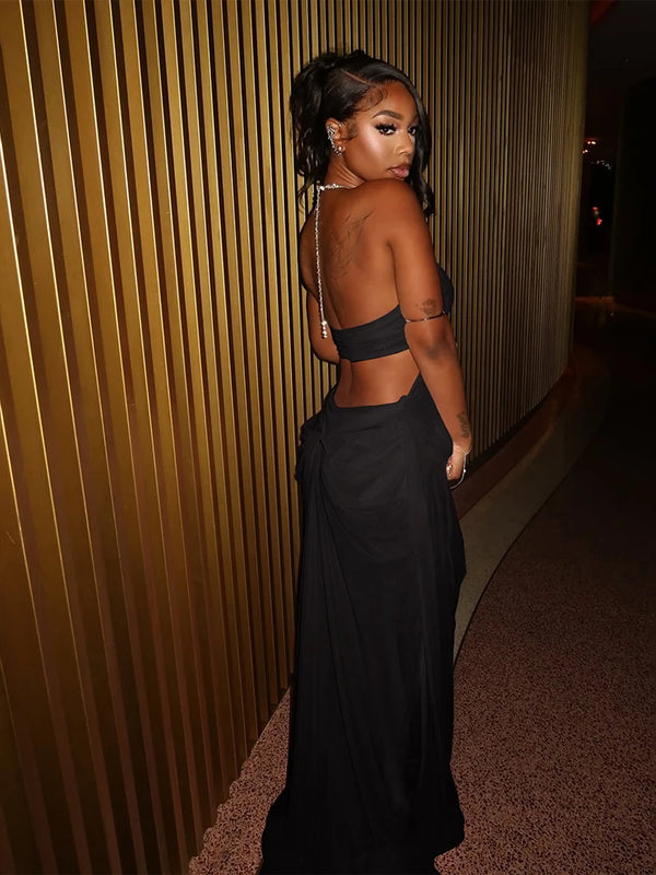 Kira Chain-Halter Mesh Maxi Dress