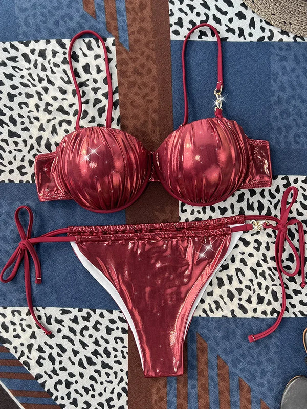 Marceline Faux-Leather Bra-Cup Bikini Two-piece