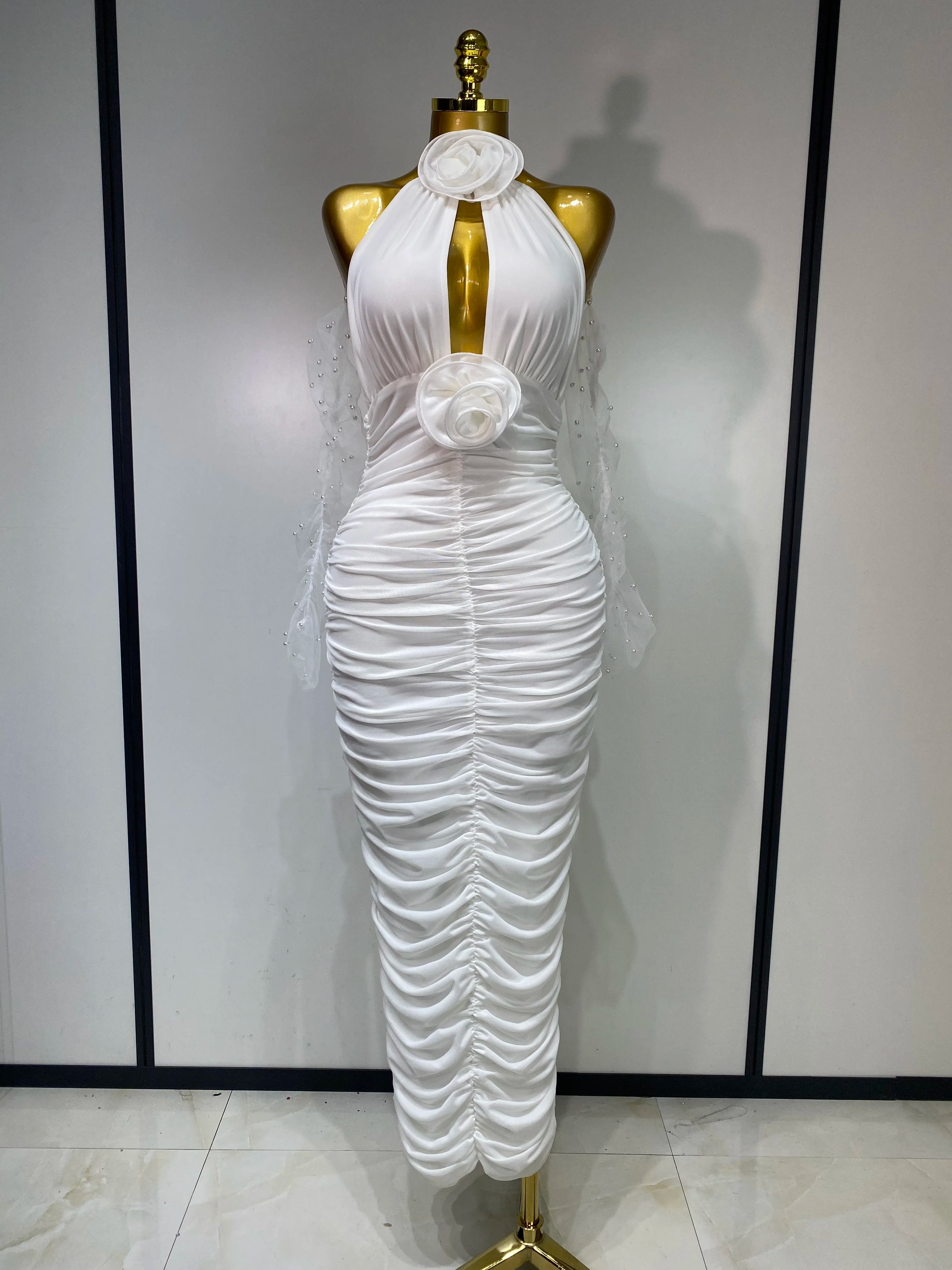 Alessia White Floral Cutout Halter Maxi Dress
