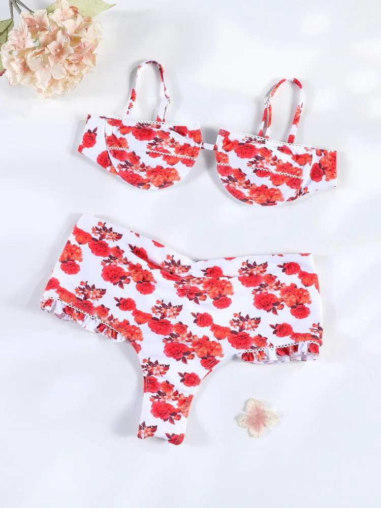Marisa Red Floral String Bikini & Mesh Cover-Up Dress Collection